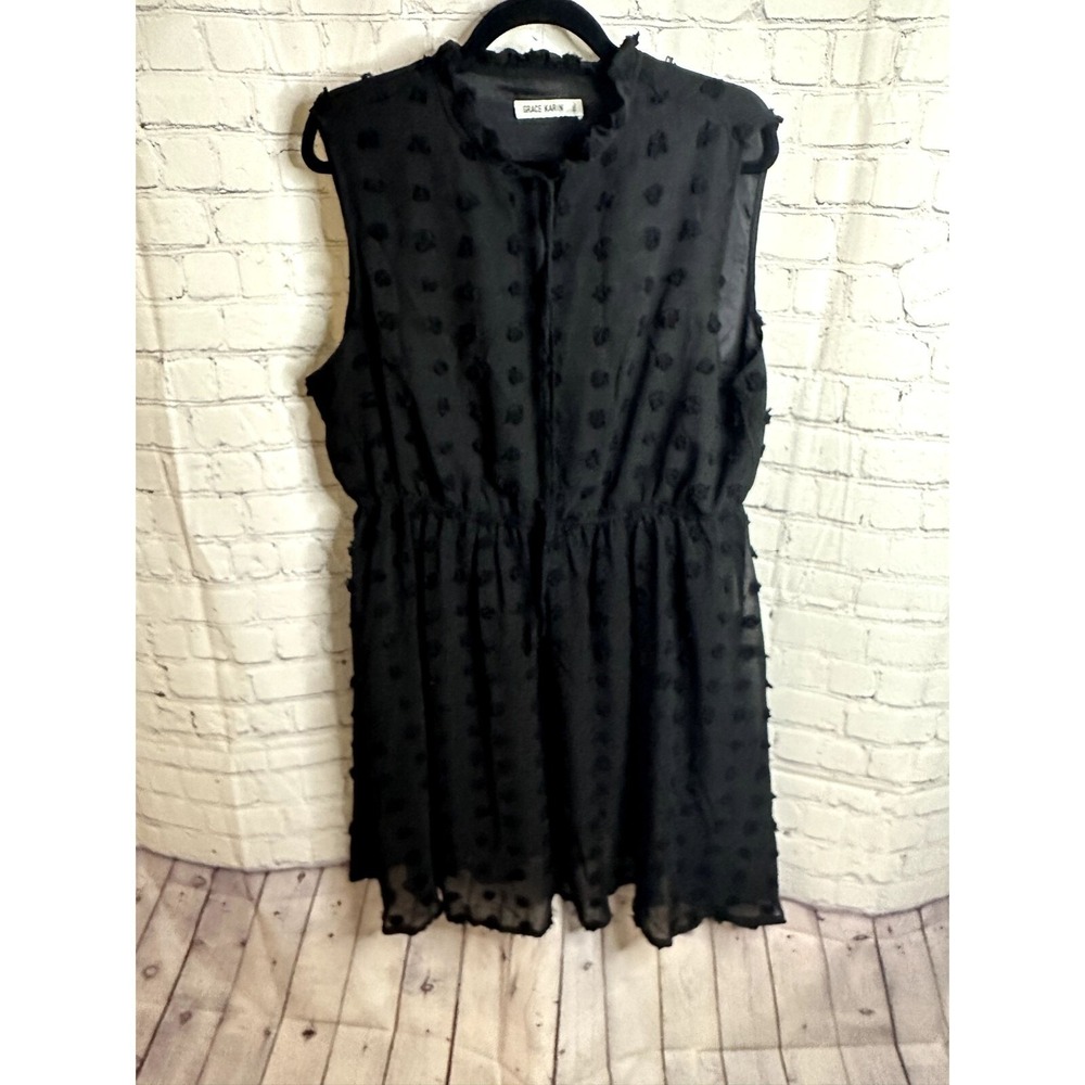 Grace Karin Womens 2XL Black Dot Sleeveless Ruffle Neck Elastic Waist Dress